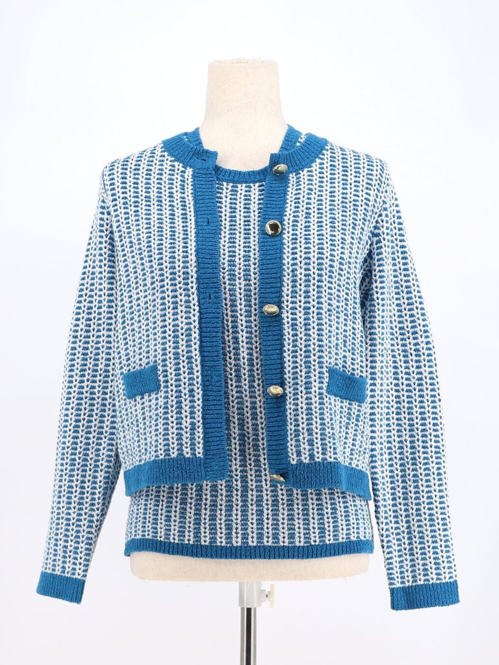 ANN TAYLOR Blue and White Textured Knit Cardigan(XS) and Tank(S) Set